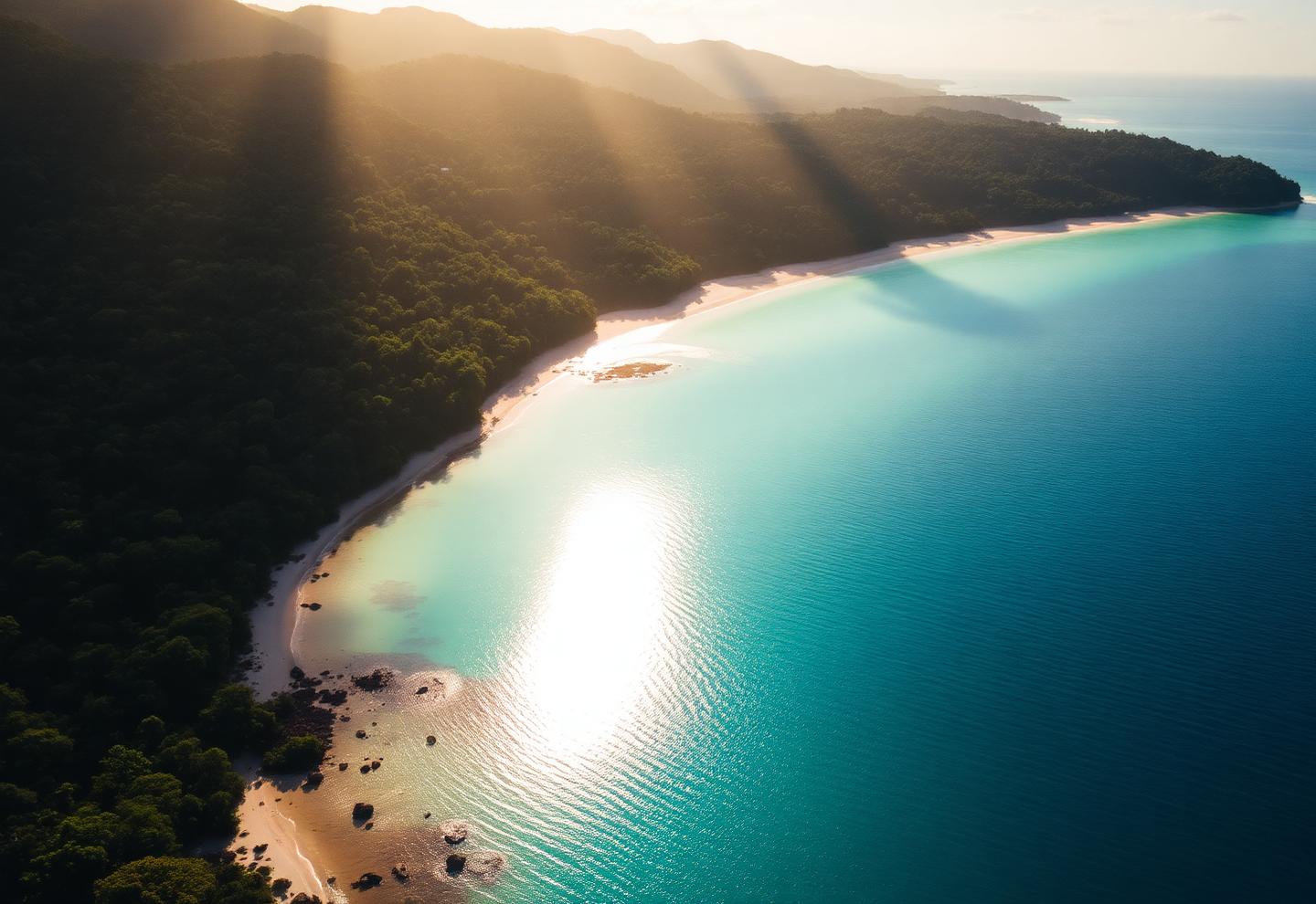 Vista aérea do litoral de Ilhabela com água turquesa e mata atlântica